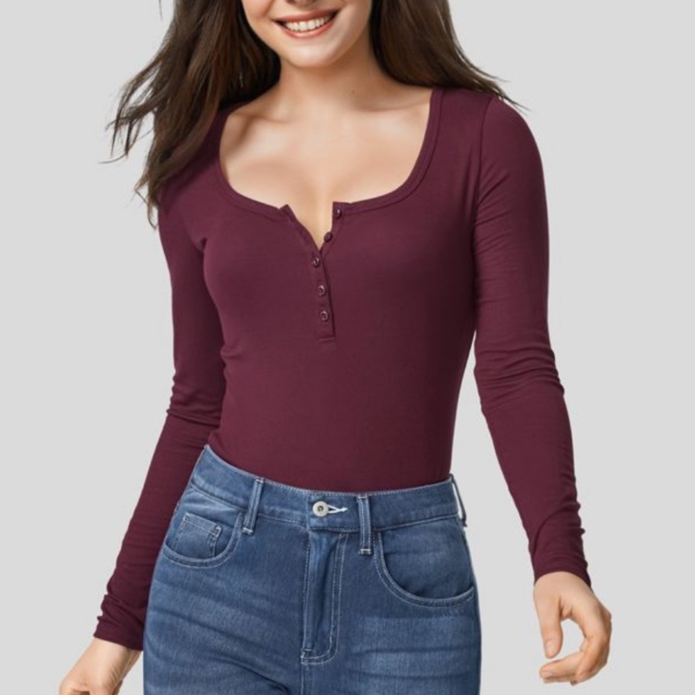 Maroon Long Sleeve Henley Women's Top